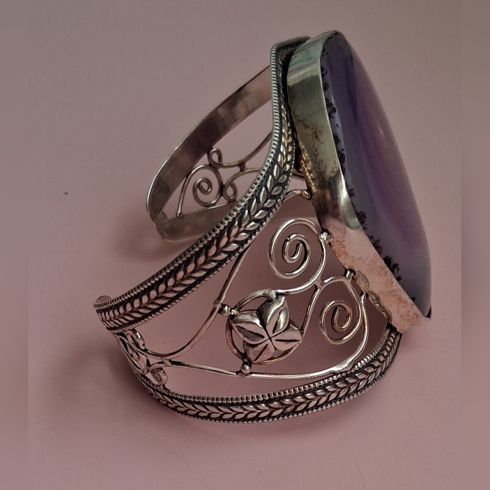 EUC HUGE Purple Solar Quartz & 925 Sterling Floral Filigree Boho Cuff Bracelet - Picture 5 of 8